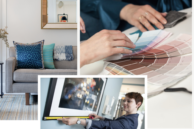 Three images, one showing a well-designed living, the other in which two people (faces not seen) are discussing over colour shade cards and the third where a woman is hanging a picture on the wall