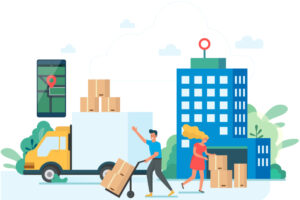 Graphical representation of a scenario where a person is carrying some luggage on a trolley and a woman is checking on the cardboard boxes, and a car is loaded with heavy boxes while a smart phone and a tall building can be seen behind the scene.